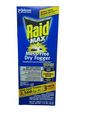 Raid Max No Mess Dry Fogger Control Bugs 0.85 oz 3 Pack 2560 Cu. Ft. New 1 box